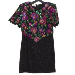 Vintage Laurence Kazar Dress Sequin Beaded Floral Cocktail Whimsigoth Medium